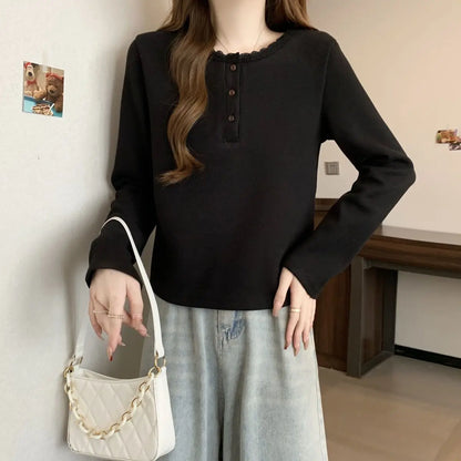 New Autumn and Winter Half-open Lace Front Shoulder Long-sleeved T-shirt Plus Velvet Warm German Velvet Women's Top.