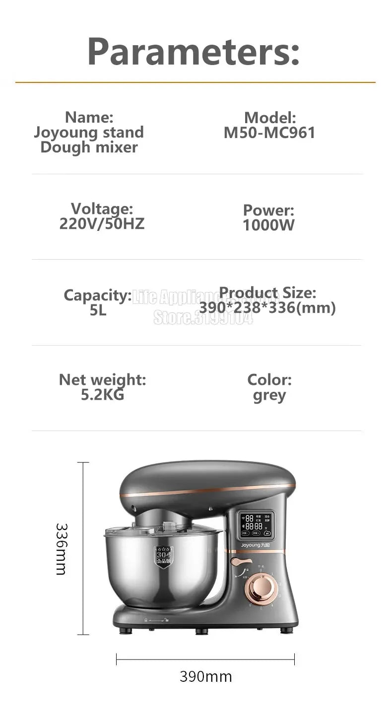 Joyoung 5L Stand Dough Mixer For Kitchen Cream Whisk Cake Dough Blender With Stainless Steel Bowl 6 Gears Chef Machine