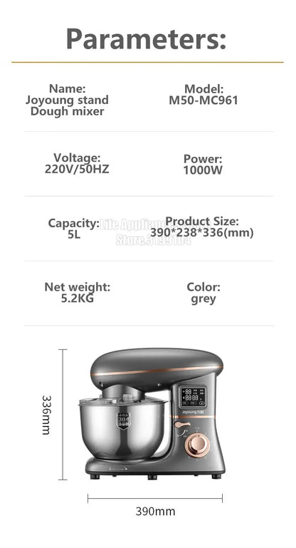 Joyoung 5L Stand Dough Mixer For Kitchen Cream Whisk Cake Dough Blender With Stainless Steel Bowl 6 Gears Chef Machine