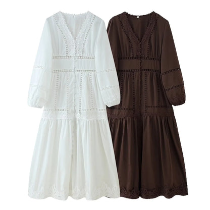 Modisches Slim-Fit-Midikleid mit V-Ausschnitt für Damen, Sommer 2022, aushöhlen, Spitzenbesatz, elegantes Kleid J5C226, knielang.