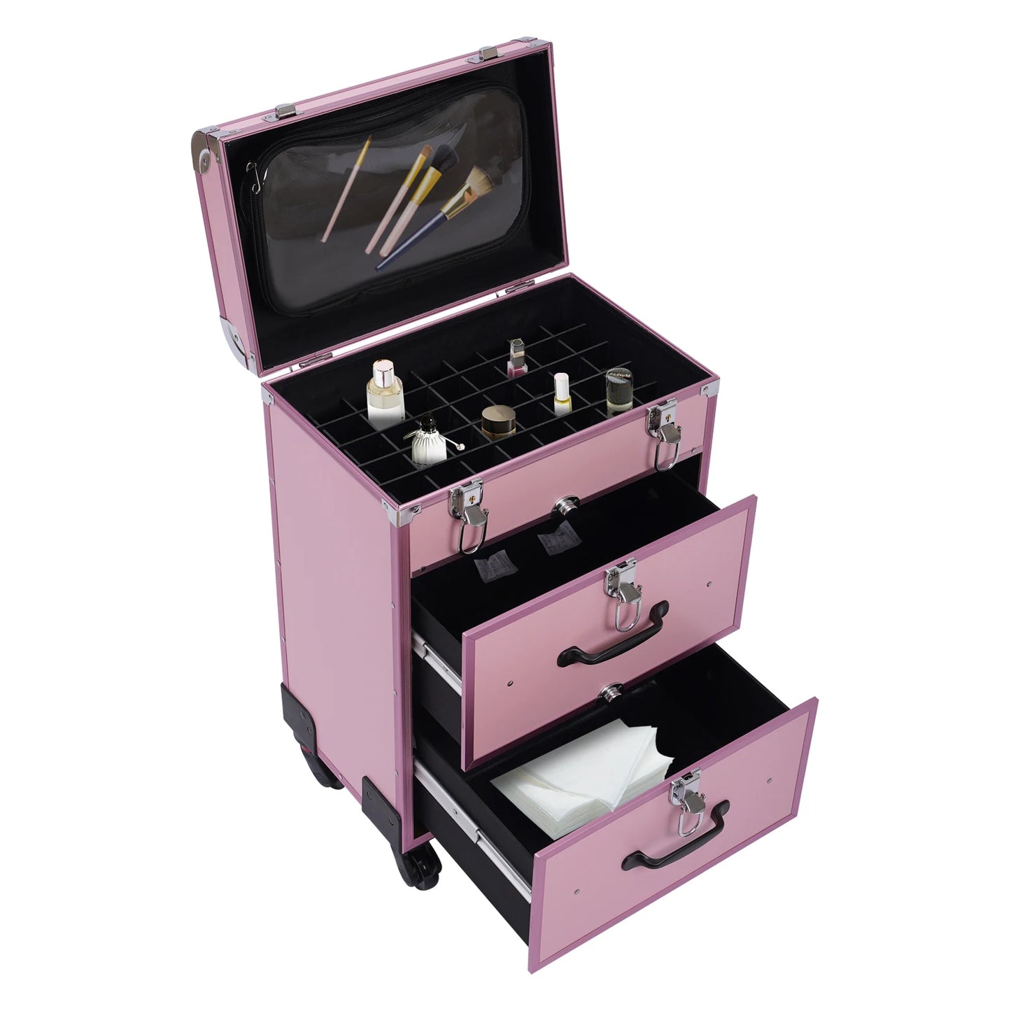 3 in 1 Rolling Makeup Case with Drawer, Large Makeup Case Organizers, Profesional Cosmetic Case for Salon Barber, Light Pink.