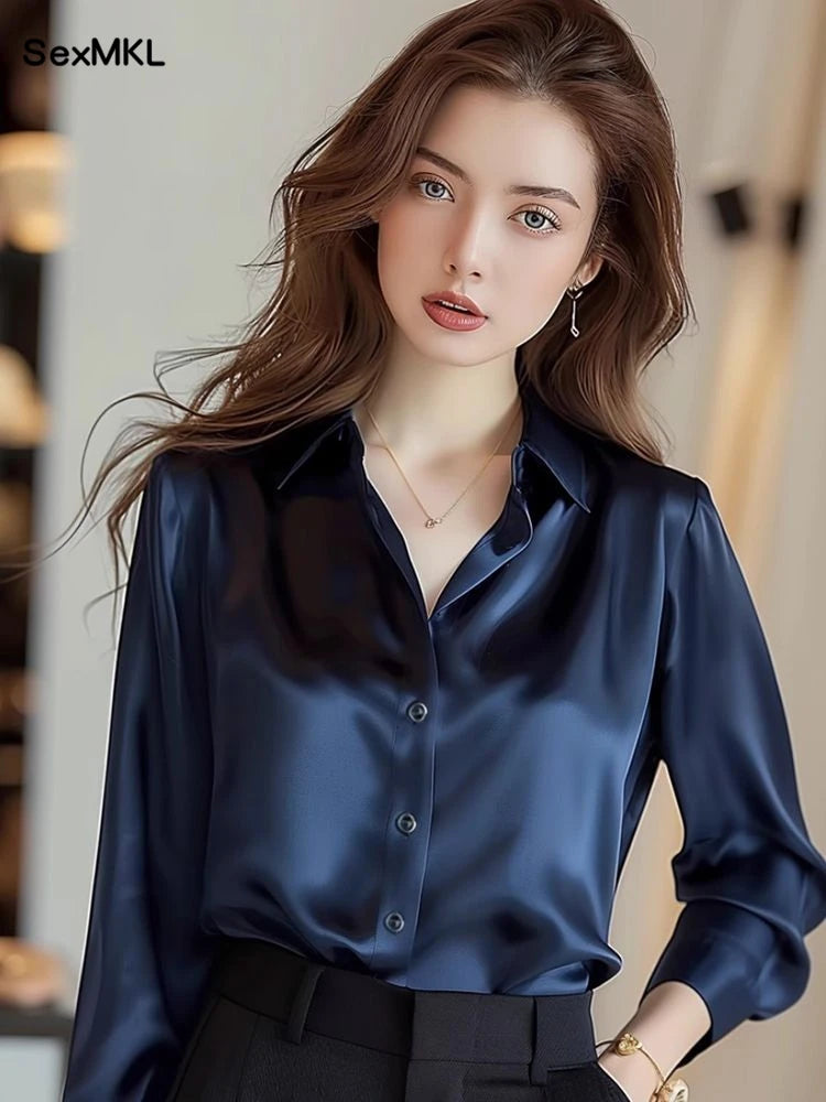 Elegant Silk Office Shirts Women Korean Fashion Y2k Clothes Slim Long Sleeve White Black Blusas Mujer Workwear Tops and Blouses.