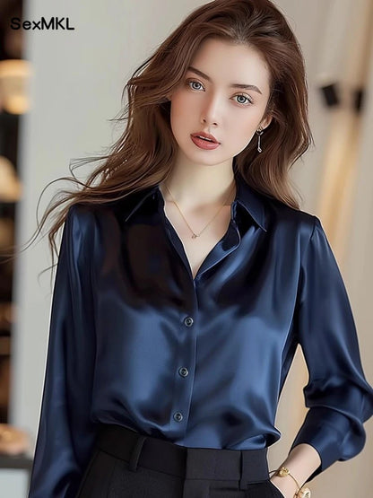 Elegant Silk Office Shirts Women Korean Fashion Y2k Clothes Slim Long Sleeve White Black Blusas Mujer Workwear Tops and Blouses.