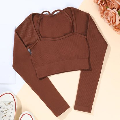 Women Screw Thread Small Sling Long Sleeve Fitness Crop Top Running Slim Fit Comfortable Sports Yoga Casual Fashion Tops.
