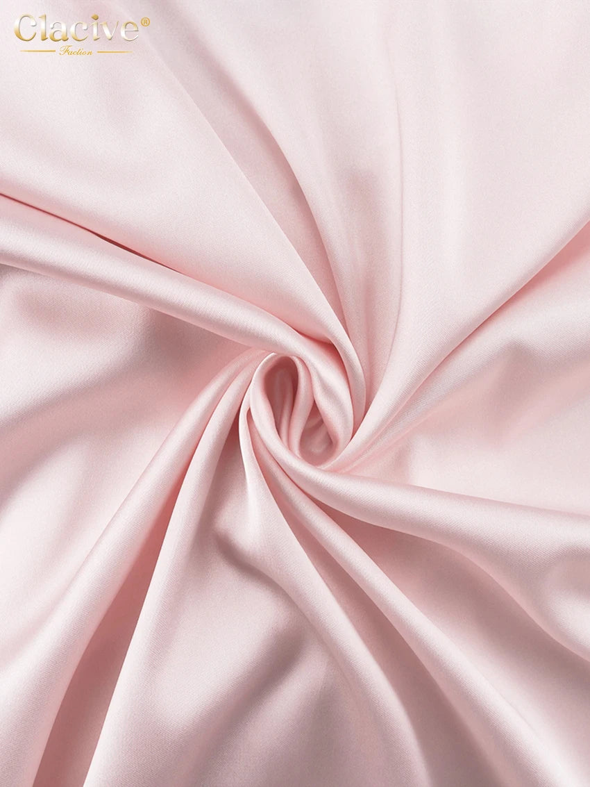 Clacive Fashion Loose Pink Satin Pants Sets For Women 2 Pieces Elegant Long Sleeve Shirt With High Waist Wide Trousers Suits.