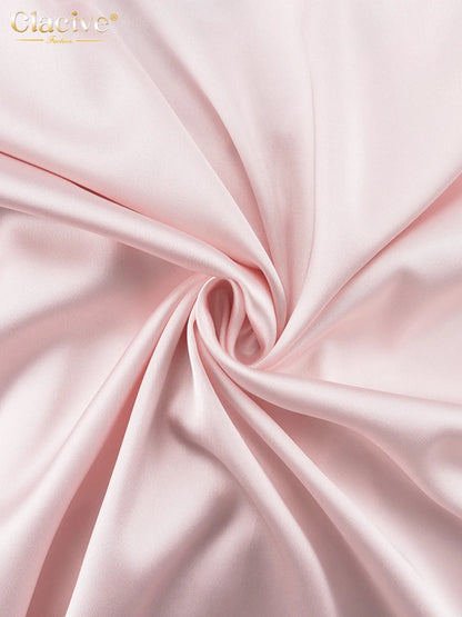 Clacive Fashion Loose Pink Satin Pants Sets For Women 2 Pieces Elegant Long Sleeve Shirt With High Waist Wide Trousers Suits.