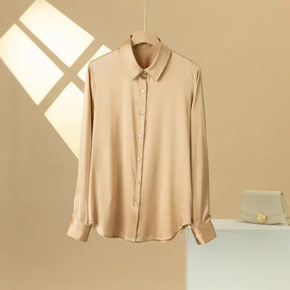 Woman Silk Shirt Long-sleeved Satin Women Blouse 19mm Mulberry Silk Blouse Loose Versatile Base Shirt 95% Natural Silk+5%Spandex