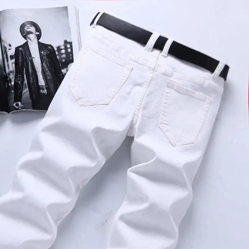 Pure White Jeans Men's Elastic Korean Style Slim Fit Youth Slimming Straight Leg Business Casual Middle Age High End Pants.