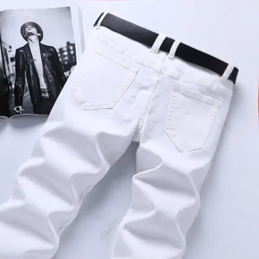 Pure White Jeans Men's Elastic Korean Style Slim Fit Youth Slimming Straight Leg Business Casual Middle Age High End Pants.