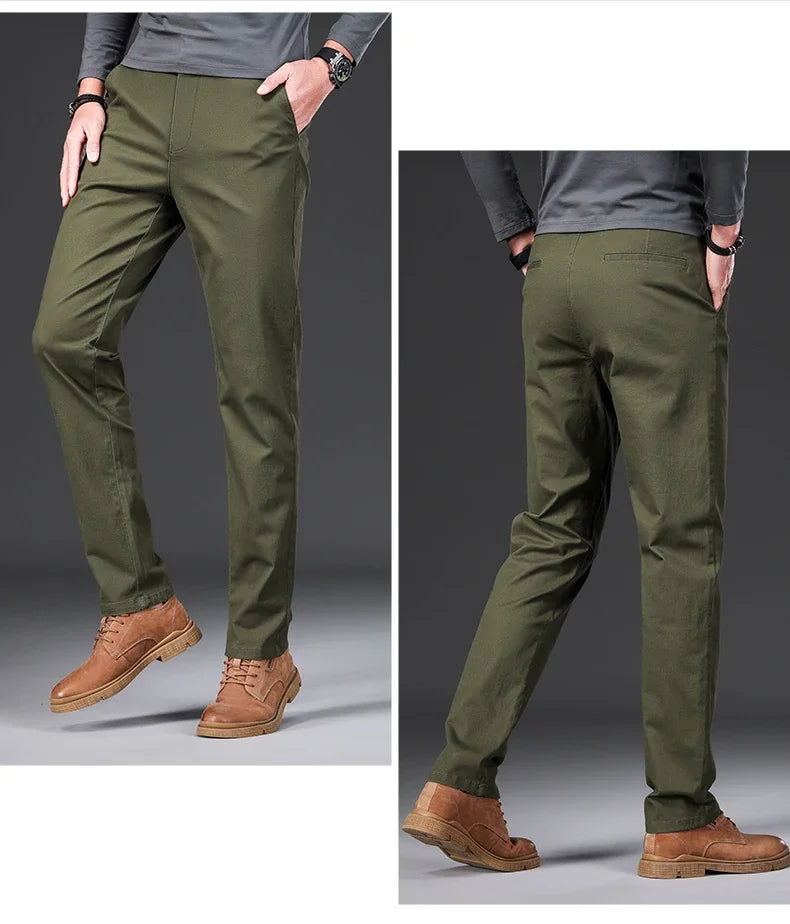 97% Cotton Men's Casual Pants Autumn Fashion Comfortable Elastic Slim Straight Business Trousers Black ArmyGreen Khaki.