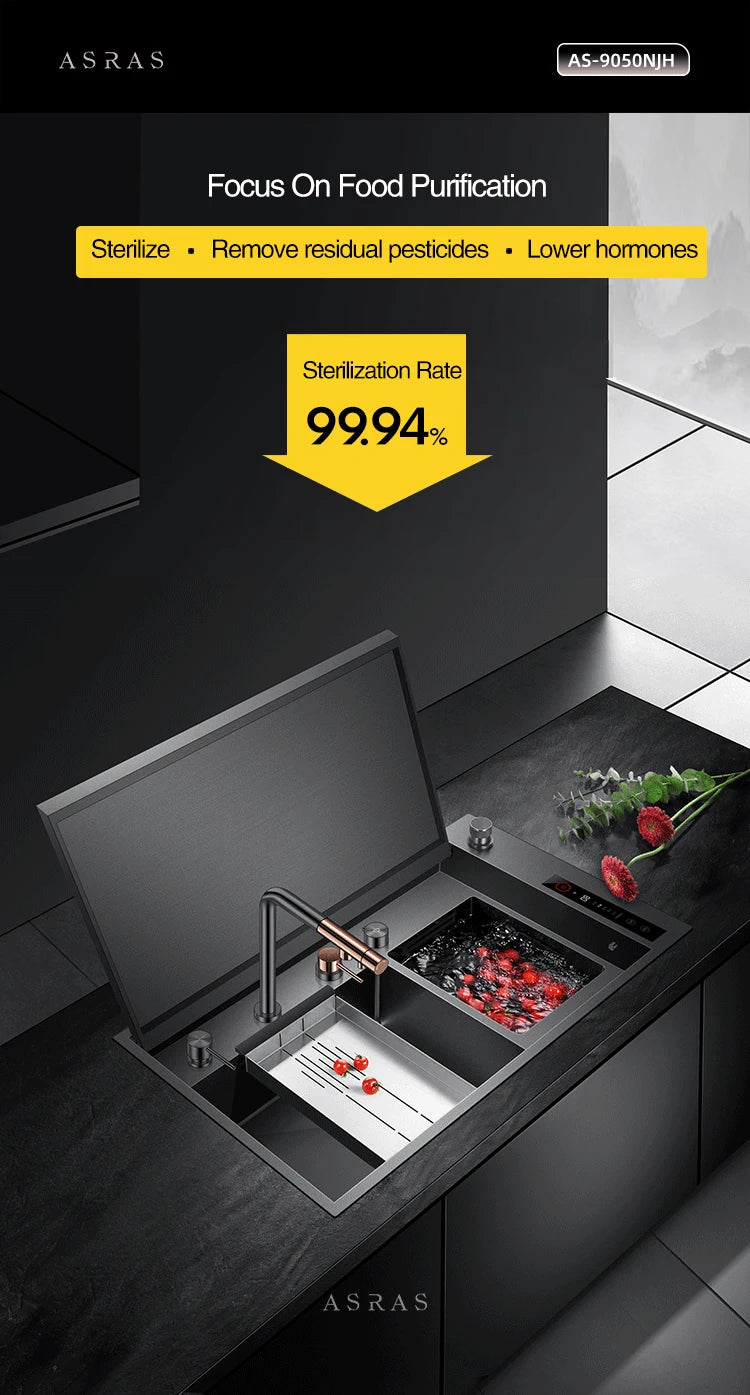 ASRAS Hidden Double Sinks Smart Purifying Kitchen Island Sinks Flip Cover Hidden 4mm Thickness Handmade kitchen Sinks