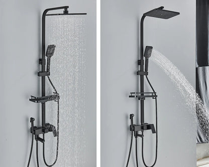 Rainfall Bathroom Shower Faucet Kit With Bidet Wall Mounted Stainless Steel Hot Cold Water Mixer Tap System With Rack,Tub Spout