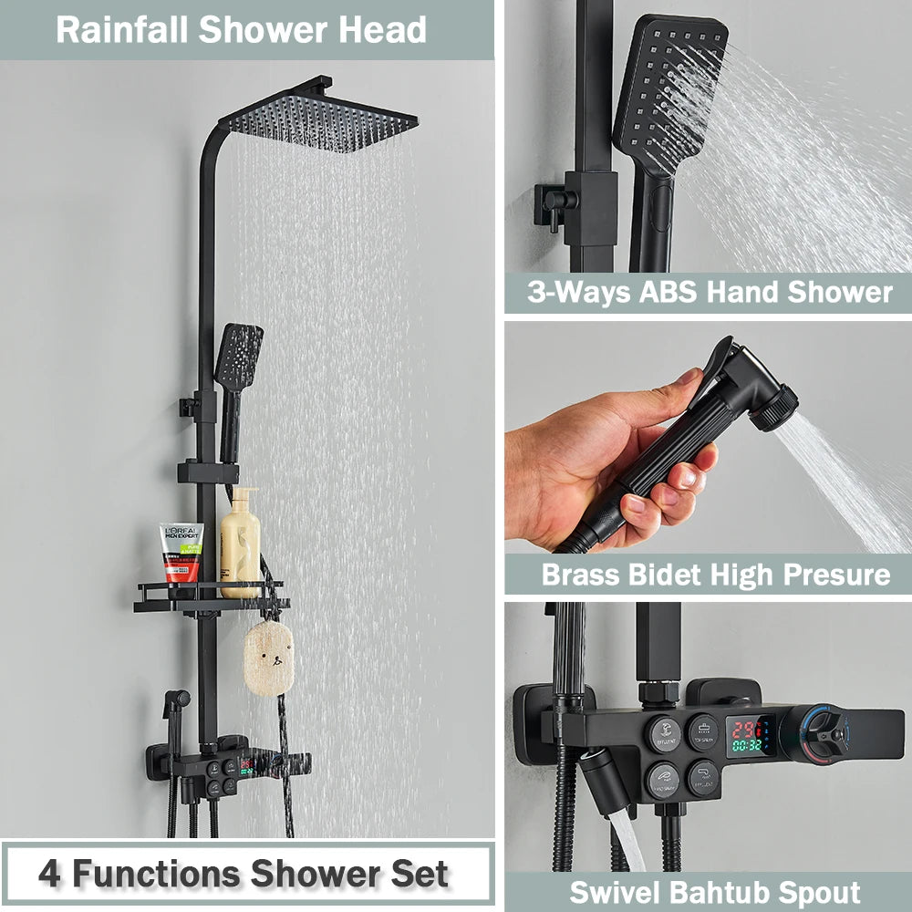 Black Thermostatic Shower Faucet Set For Bathroom Smart Display Hot Cold Water Mixer Tap Wall Mounted Rainfall System With Bidet