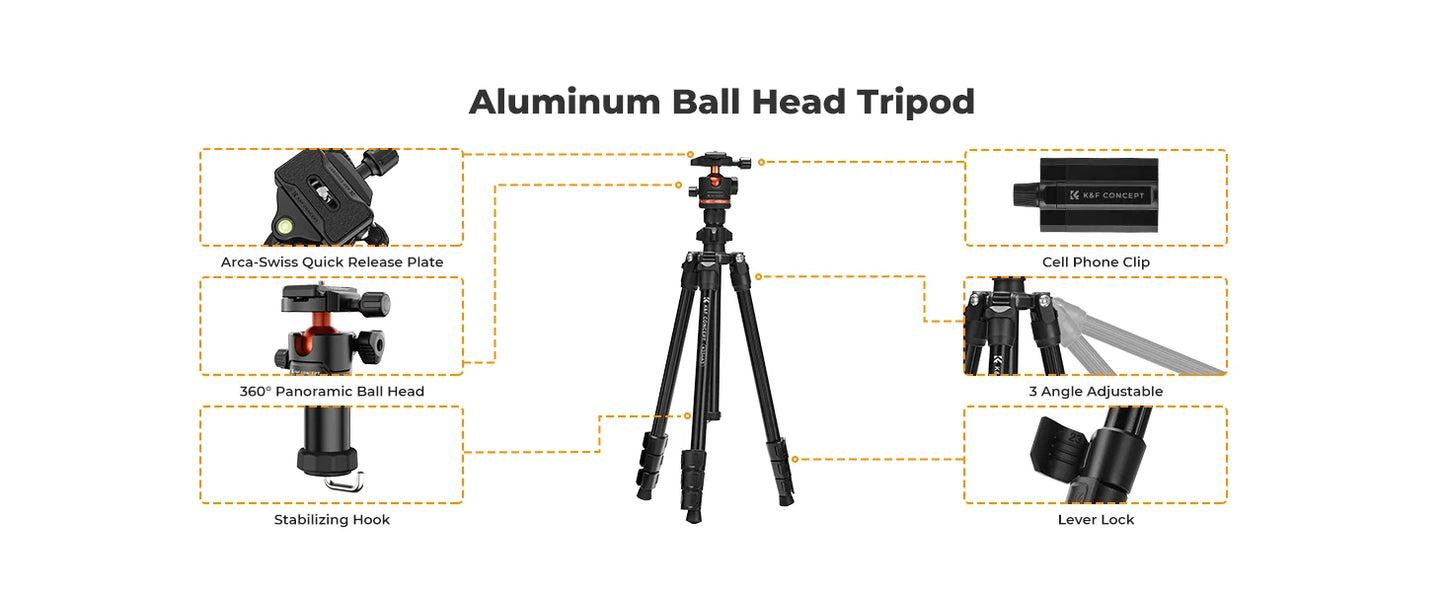 K&F Concept 178cm Lightweight Camera Tripod Cellphone Clip Travel DSLR Tripod for Nikon Canon Camera Outdoor Live Streaming Vlog.