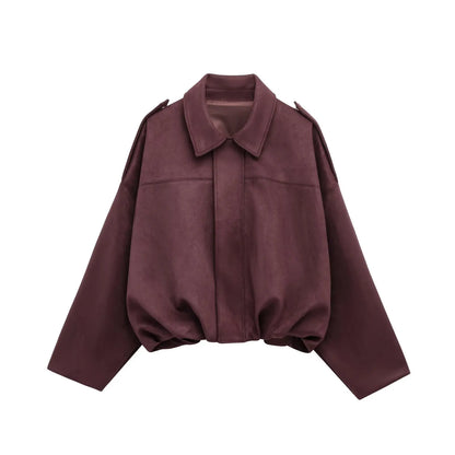 TRAFZA Damen-Jacke mit Wildleder-Textur, High Street, lange Ärmel, Umlegekragen, elastischer Reißverschluss, Knopfleiste, solider, trendiger Frühlingsmantel
