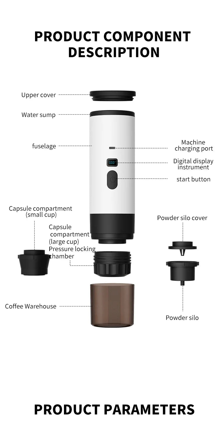 Portable Electric Coffee Maker 3-in-1 Capsule Coffee Grinder Travel Coffee Espresso Maker for Car and Home Camping.