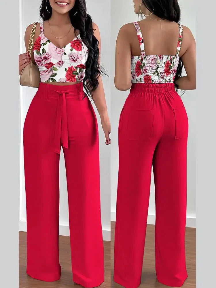 Women Fashion Print Halter V-Neck Short Tank Suit Tops Long Pants Matching Set Summer Casual Female Slim Pants Two Piece Sets.