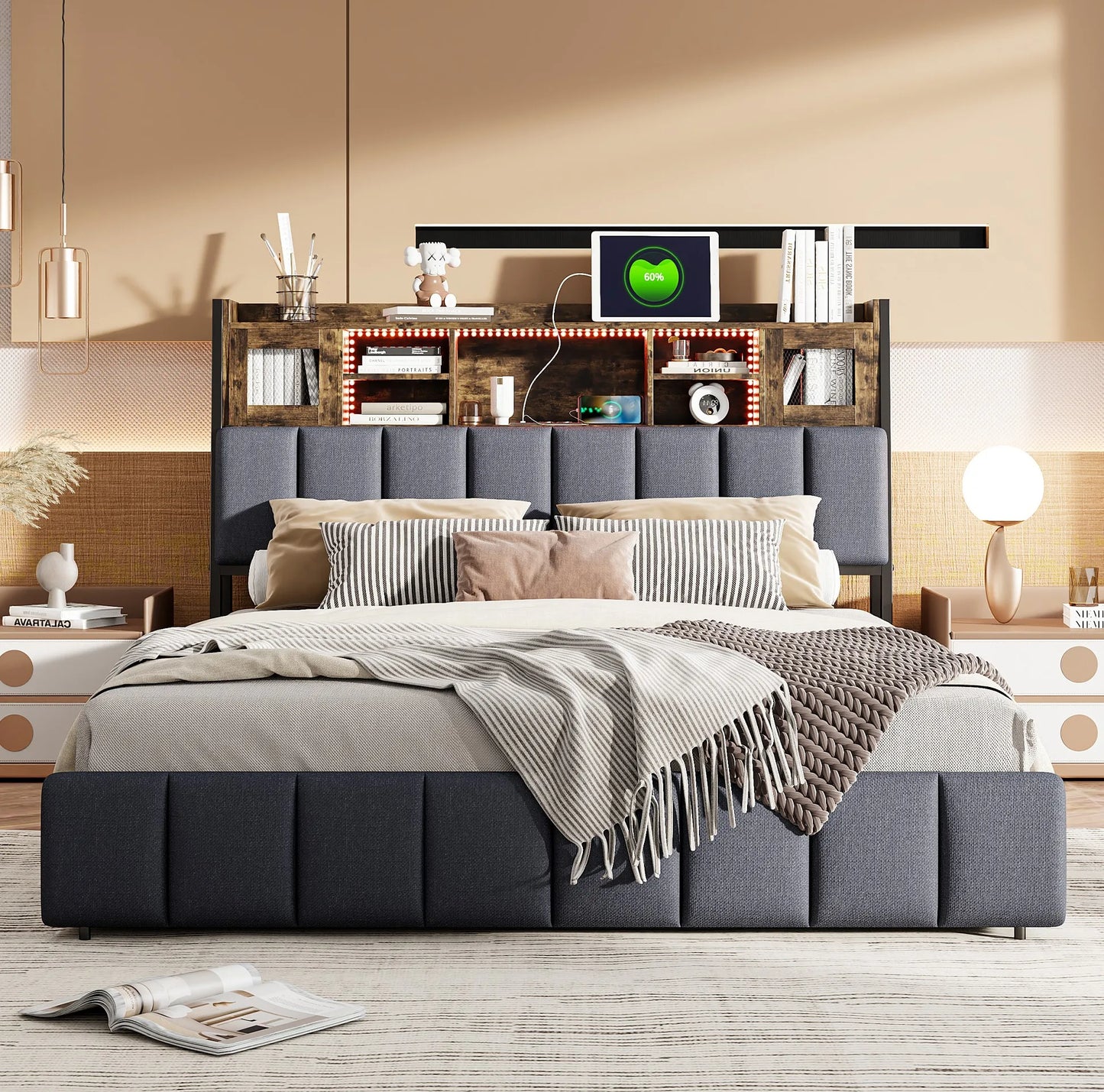 Rosahqnda Doppelbettgestell 140–160 x 200 cm mit LED, USB und Schubladen, gepolstertes Jugendbett, Wohnungsbett, Gästezimmer, Leinen, Grau