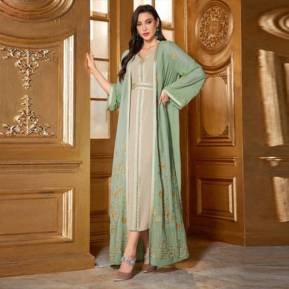 2 Pieces Set Muslim Women Matching Set Embroidery Open Kimono Abaya Maxi Dress Dubai Kaftan Robe Eid Djellaba Kebaya Caftan Arab.