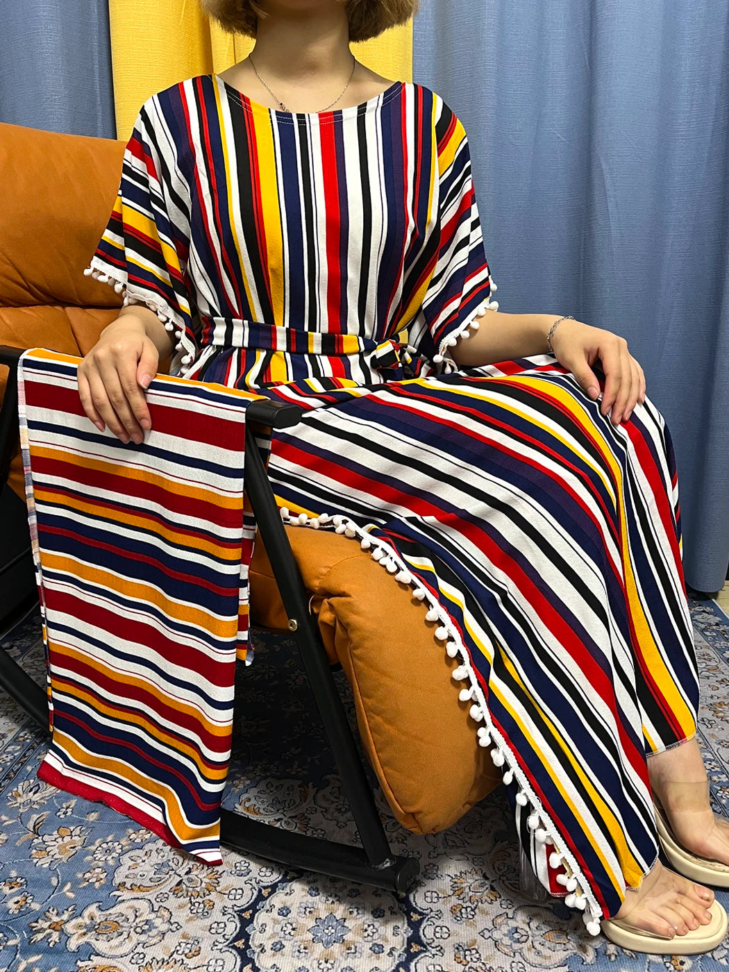 Abayas For Women 2024 Printed Vertical Stripe Tassels Elasticity Loose Fit Femme Robe African Woman Dresses With Belt Headscarf