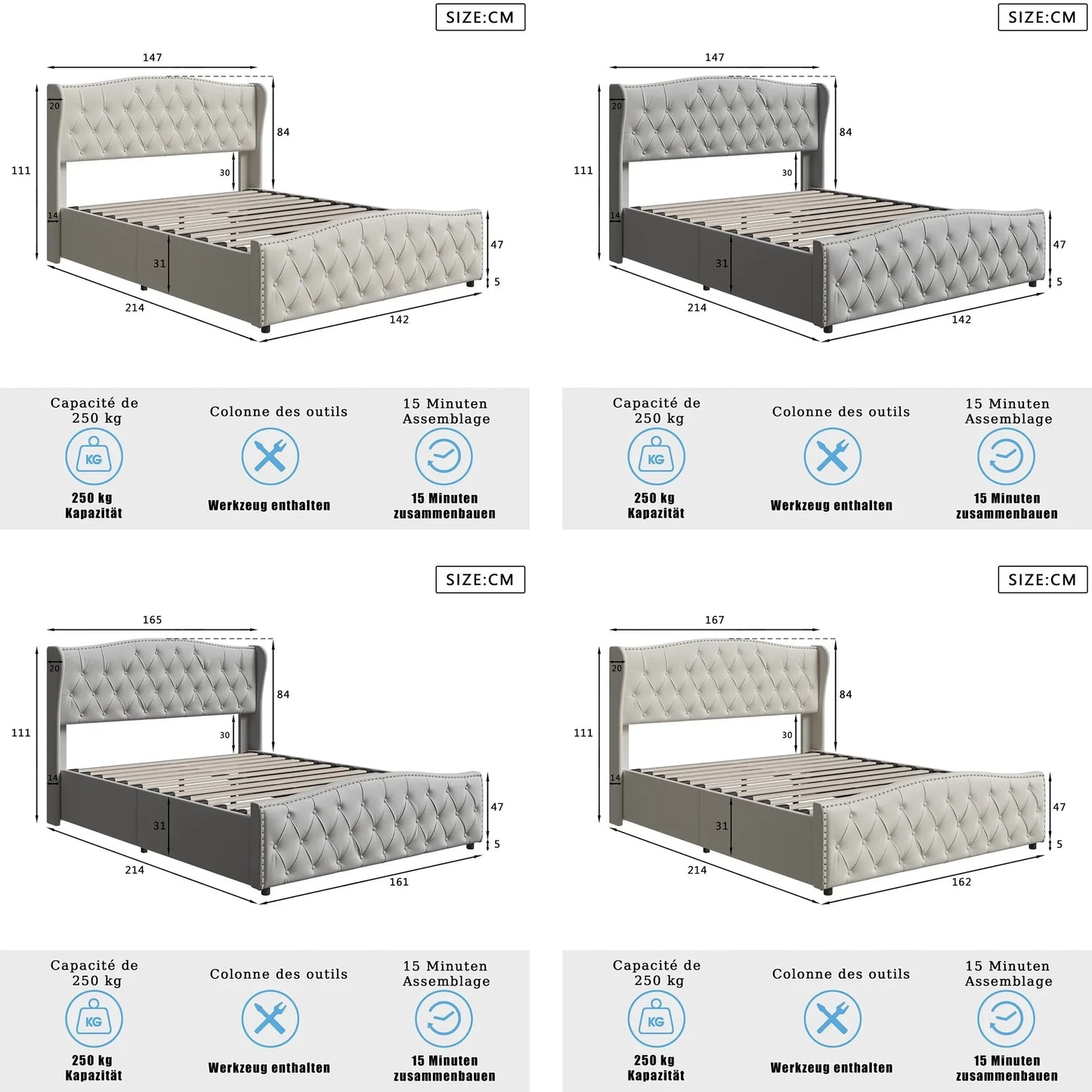 Creahappy – Polsterbetten – Betten unter dem Bett – Einzelbetten mit hydraulischem Hebesystem – Wellenbetten aus Samtgeflecht