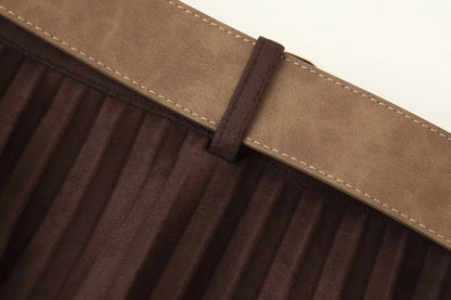 European and American style autumn new fashion trend casual simple women's matching belt suede effect pleated midi skirt