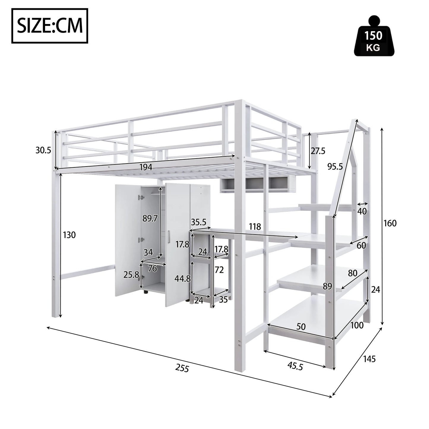 Merax Hochbett 140x200 cm mit Kleiderschrank Regalen Ablageleiter und Schreibtisch Weiß