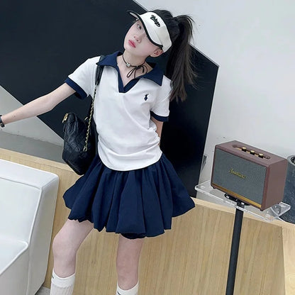 Girls Summer New Fashion Korean Style School Sports Short Sleeve T-Shirt And Bloomers Two-Piece Set White Floral Print Outfit.