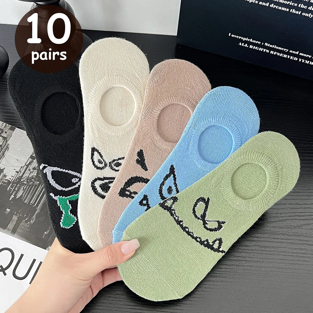 5 Pairs Women Cartoon Patterned Socks Trendy Versatile Breathable Sweat Wicking Deodorizing Antibacterial Comfortable Socks.