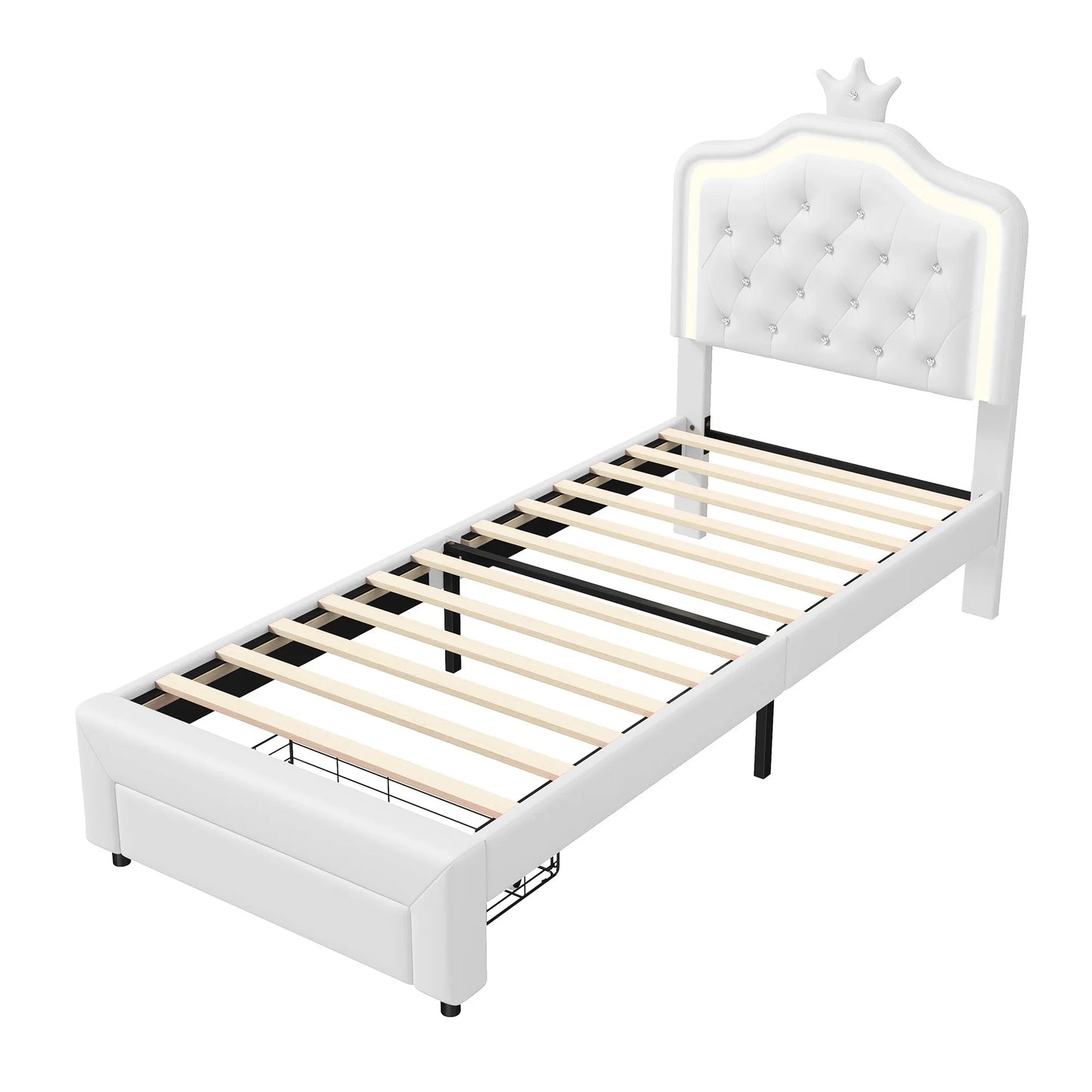 Rosahqnda Kinderbett, gepolsterter Bettrahmen, Krone, Kopfteil, Schubladenschrank, verstellbare Kopfteil-Lederoberfläche
