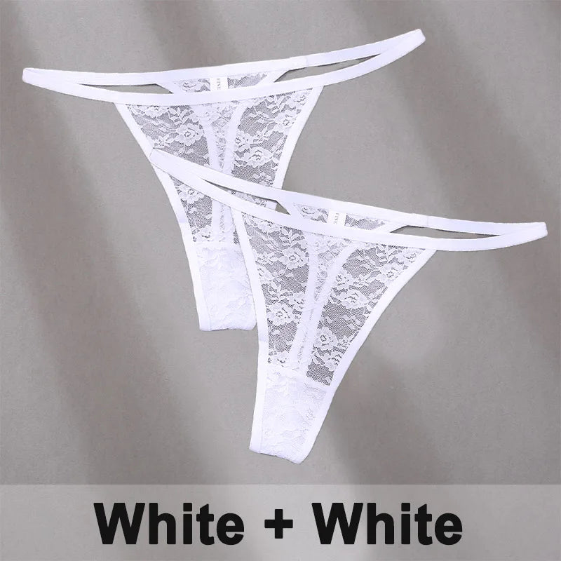 2PCS Sexy Lace Cotton Panties for Women G-String Underwear Perspective Thongs Solid Color Underpants Female Intimates Lingerie.