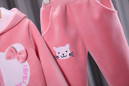 2025 new girl plus velvet sleeve winter warm and thick cartoon hat-connected top+pants two-piece 0-4-year-old children's set.
