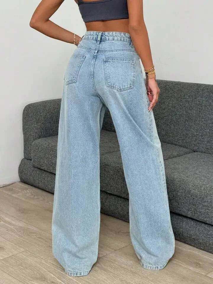 Retro High Waist Commuter Light Color INS Straight Leg Slimming Versatile Wide Leg Floor Length Pants Jeans.
