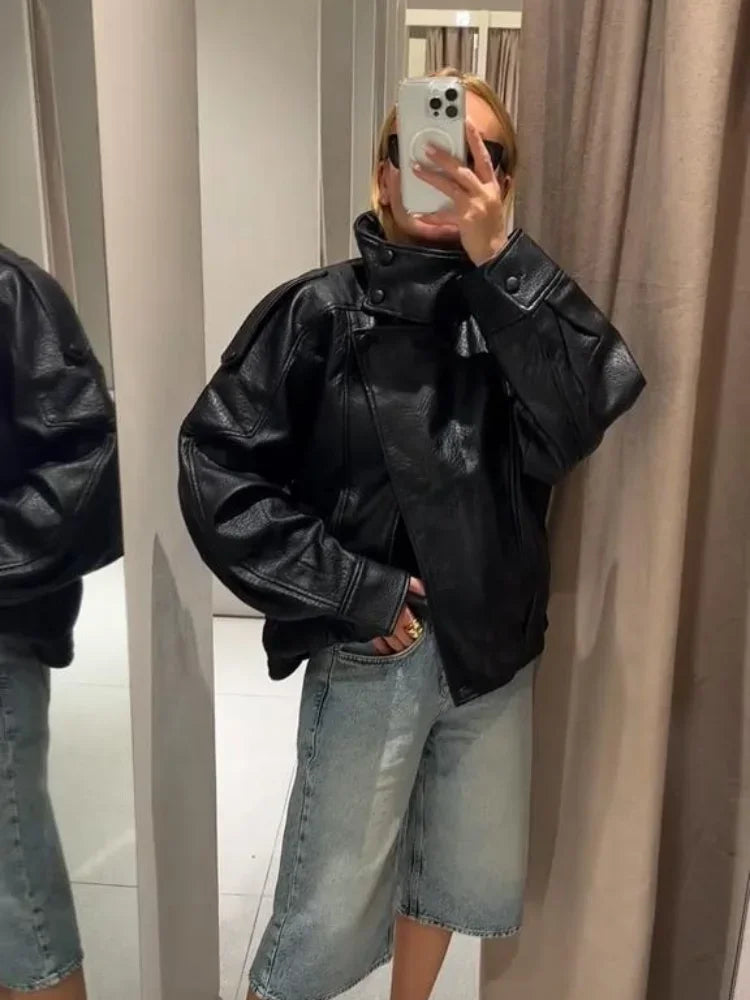 Street PU Leather Loose Jacket Women Fashion Solid Full Sleeve Stand Collar Single Breasted Coats Female 2025 Autumn Lady Coat.