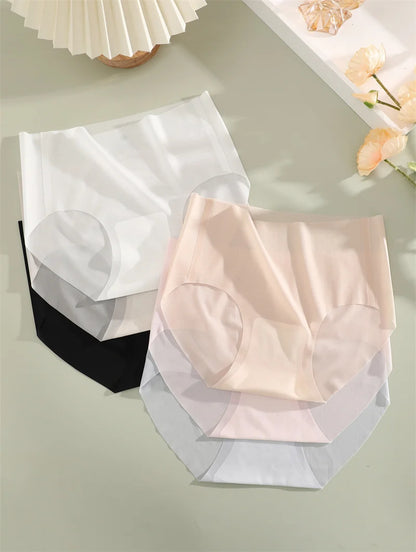 4PCS/Set Women's Ice Silk Seamless Panties Ultra Thin Briefs Breathable Underwear Female High Waist Intimates Lingerie Plus Size