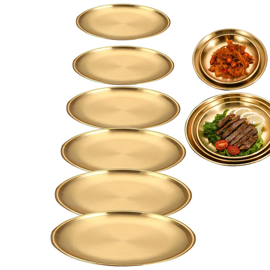 1Pcs Gold Stainless Steels Metal Round Plate Rust-Proof Shallow Tray Plate Camping Plate BBQ Picnic Dishes Cookware Tableware.