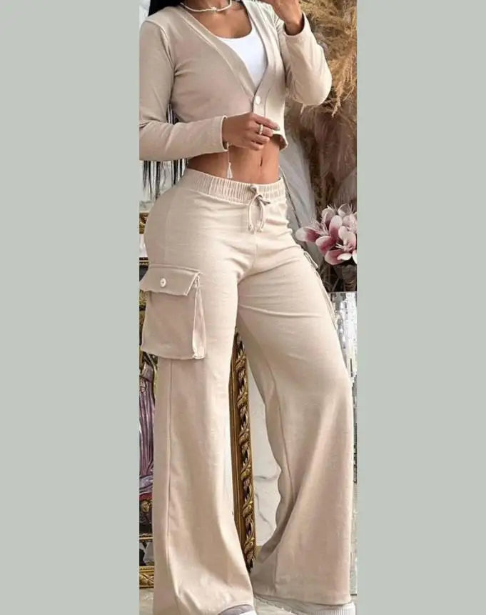 Autumn Fashionable And Elegant Solid Color Women's Suit Long-sleeved V-neck Short Coat Pocket Wide-leg Drawstring Trousers Suit.