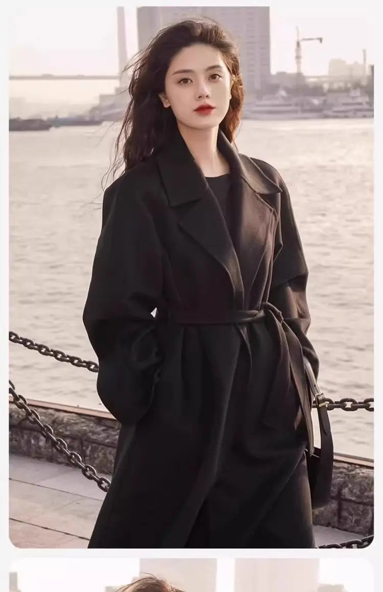 Mode Schwarz Lange Woolen Mantel Mit Gürtel Frauen Lose Revers Mantel Herbst Winter Warme Dame Oberbekleidung High Street.