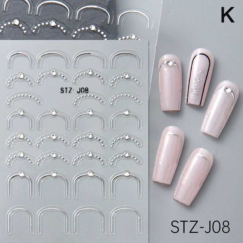 French Tips Nail Sticker 5D Embossed Crystal French Nail Decals Gold Silver Black Line Design Adhesive Slider Nails Art