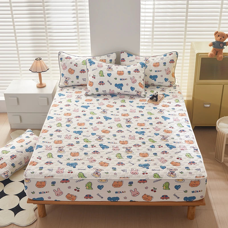 Floral Fitted Sheet Queen Size Bed Cover Thicken Bedsheet Quilted Mattress Protector tampa de colchão (Pillowcase Need Order).