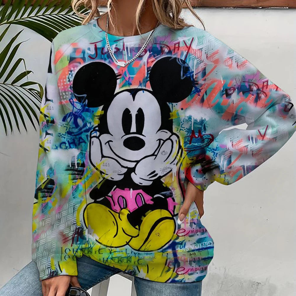 Damen-Sweatshirt mit Mickey-Mouse-Aufdruck, High-Street-Damen-Hoodie, Kleidung mit Y2K-Muster, lässiger Rundhalspullover.