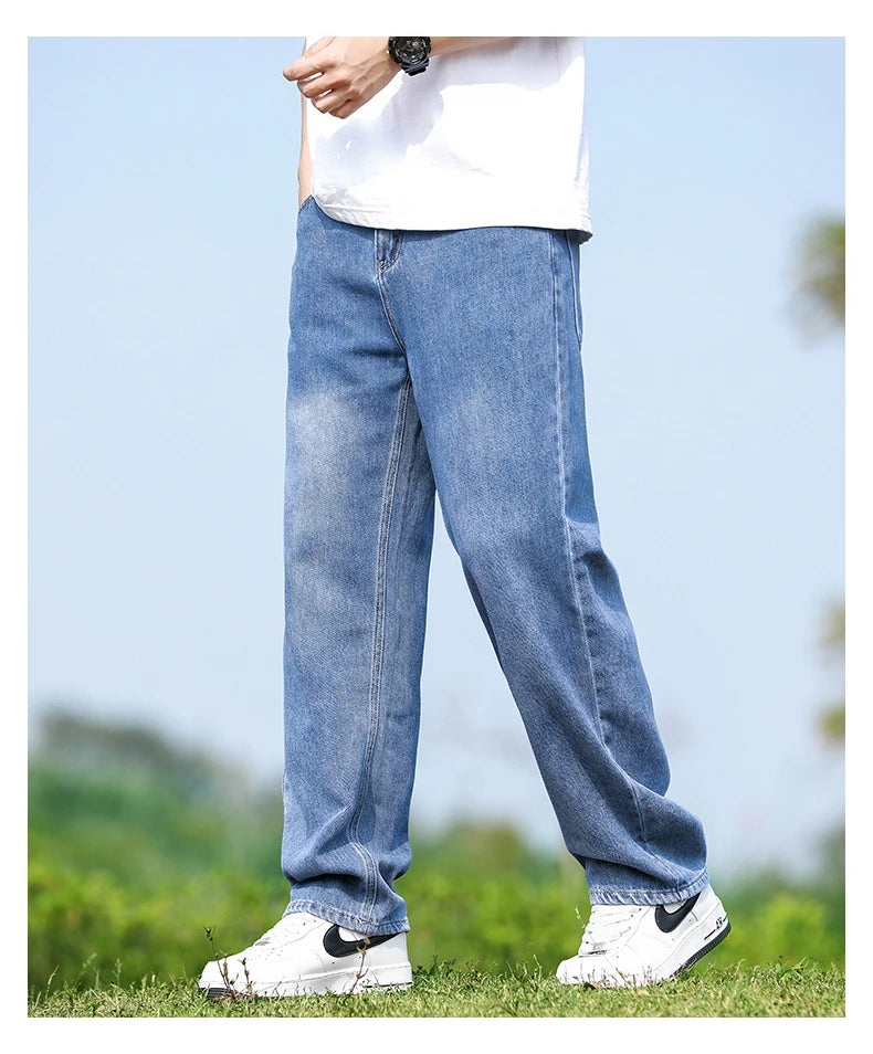 Mens Minimalist Loose Straight Wide Leg Denim Jeans 2025 Autumn Winter Retro Drape Comfortable Casual Pants Plus Size 38.