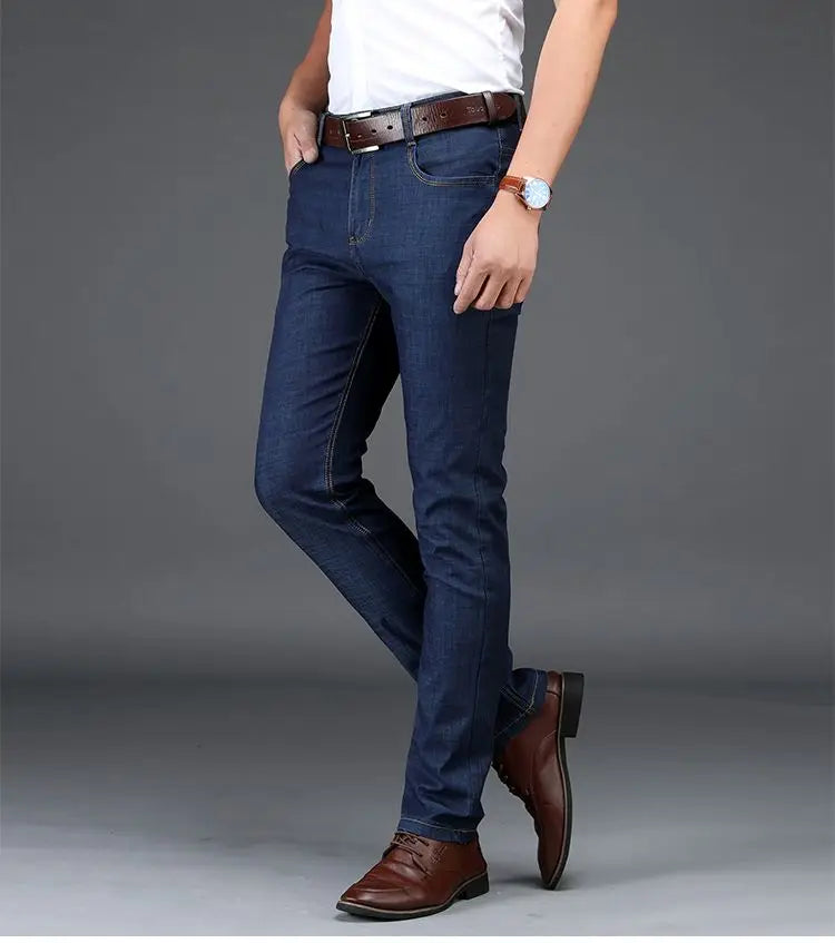 Classic Straight Men's Jeans Fitted Comfortable Elastic Business Casual Denim Pants Korean Fashion  Autumn Casual Trousers.