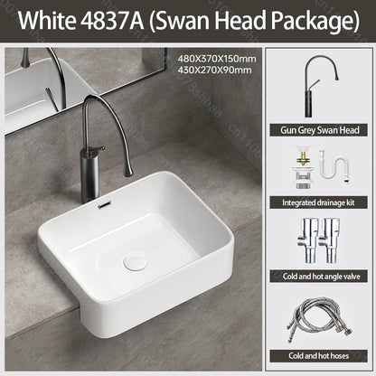 Porcelain Ceramic Vessel Sink with Drain Semi Recessed Vanity Art Sink Wash Basin Bowl for Modern Home Bathroom Decor Washbasin