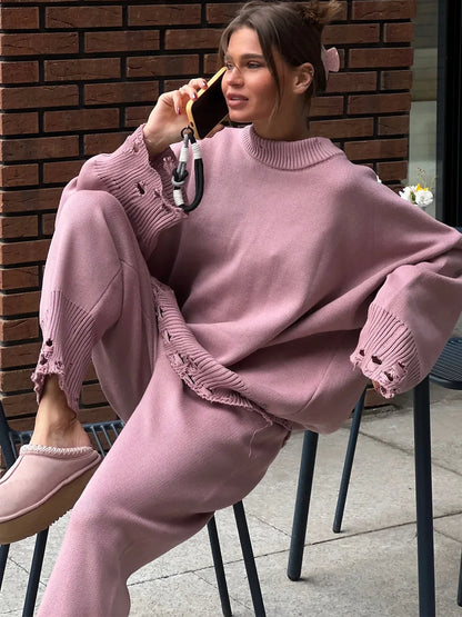 Bornladies Autumn Winter Women's New Turtleneck Knit Sweater Skinny Knit Pants Set Soft Oversized Ripped Hem Fashion Pullover