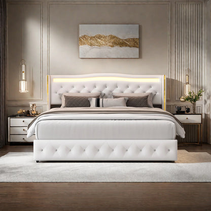 Rosahqnda Modernes Doppelbettgestell aus weißem PU-Leder, vergoldetes Kopfteil mit vier Schubladen ohne Matratze
