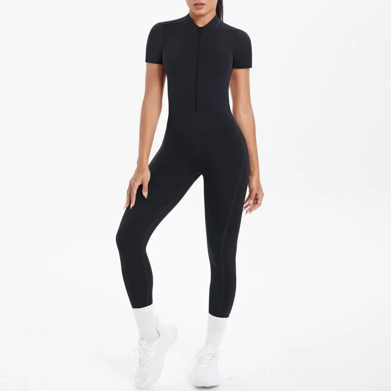 New Women's Yoga Jumpsuit Front Zipper Tight Back Hollow Out Short Sleeve-pants Activewear for Fitness Running Gym Workout