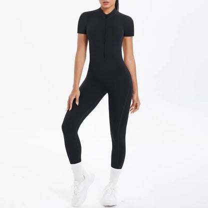 New Women's Yoga Jumpsuit Front Zipper Tight Back Hollow Out Short Sleeve-pants Activewear for Fitness Running Gym Workout