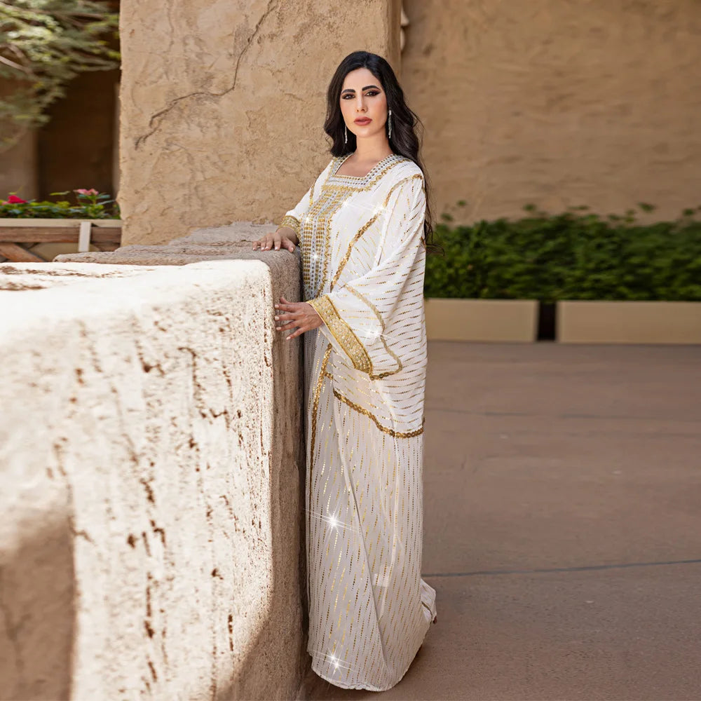 Women Muslim Hot Drill Long Dress Batwing Sleeve Abayas Dubai Loose Caftan Moroccan Kebaya Kaftan Turkey Islam Clothing Vestido.