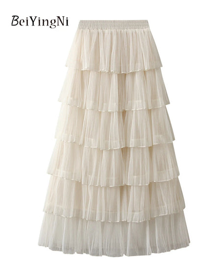 Beiyingni Woman Mesh Long Midi Cake Skirt Solid Color Elegant French Tiered Fairy Tulle Skirts Khaki Casual High Waist Faldas